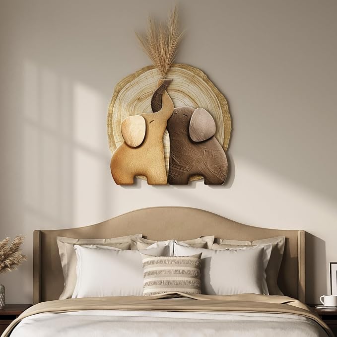 Troartos 3D Textured Elephant Wall Art Decor, Minimalist Neutral Brown Animal Artwork for Walls, Tree Ring Wall Decor for Living Room, Dining Room, Bedroom, Home Office 24x24 Inch