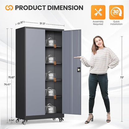 Metal Garage Cabinets with Wheels, Heavy Duty Rolling Storage Cabinet with Lock, Storage Caninet with 2 Doors and 4 Shelves, Tall Tool Cabnet on Wheels for Workshop/Home/Office-(Black Gray 75”H)