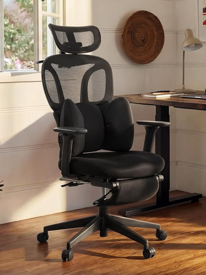 CabLady S1 High Back Ergonomic Mesh Office Chair with Footrest, 300 lbs | 115° Recline Lock, Adjust Seat Depth, 2D Arms, 3D Headrest, Detachable Lumbar Support, Breathable Mesh, BIFMA, Black