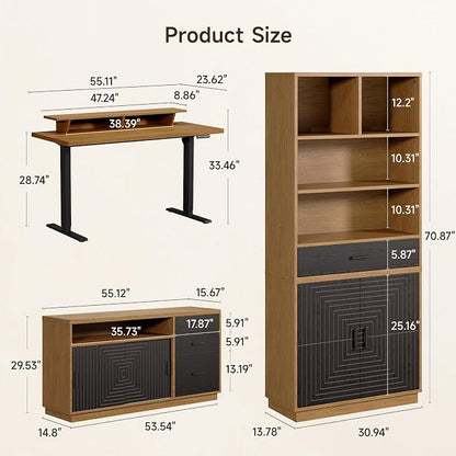 ONBRILL Home Office Furniture Sets, 55'' Standing Desk with 55'' File Cabinet, Electric Height Adjustable Standing Desk with 71'' Tall Modern Bookshelf, Home Office Furniture Set, Oak Brown