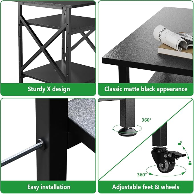 3 Tier Printer Stand, Large Table with Wheels, Rolling Cart with Height Adjustable Middle Storage Shelf, 23.6 x 23.6 x 30.3 Inches Shelf for Home Office, Black