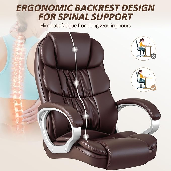 Homall Office Chair High Back Computer Chair Ergonomic Desk Chair, PU Leather Adjustable Height Modern Executive Swivel Task Chair with Padded Armrests and Lumbar Support (Brown)