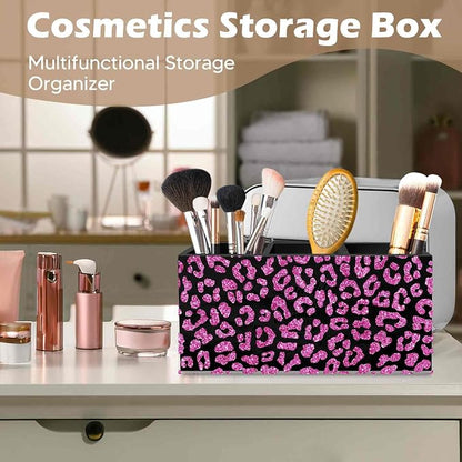 DILSJ Pink Cheetah Print Office Supplies Pen Pencil Holder Organizer for Desk, Coquette Room Decor, Preppy Leopard Black Wooden Box Signs for Women Home Office Desk Tabletop Decoration