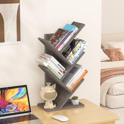 SHEEPAM 5 Tier Tree Book Shelf, Small Desktop Bookshelf with Storage Organizer, Wood Bookcase, Desk Display Bookshelves, Floor Standing Organizer Bookcases for Living Room,Bedroom,Office - Light Grey