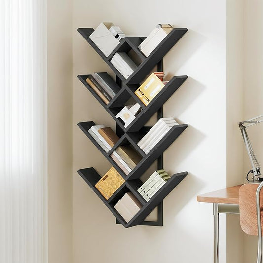 HOOBRO Floating Shelves for Wall, Set of 2 Wall Mounted Shelves, 2-Tier Wooden Tree Bookshelf, Hanging Shelves Storage Rack, for Living Room, Kitchen, Office, Black BB54BJP201
