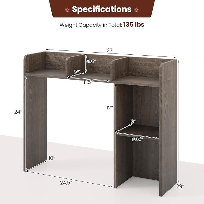 GOFLAME 5 Shelves Desktop Bookshelf, Wood Desk Hutch Dorm for Computer Desk, Countertop Display Rack, 3-Tier Desk Storage Organizer Shelf for Dormitory, Home Office, Study, Gray