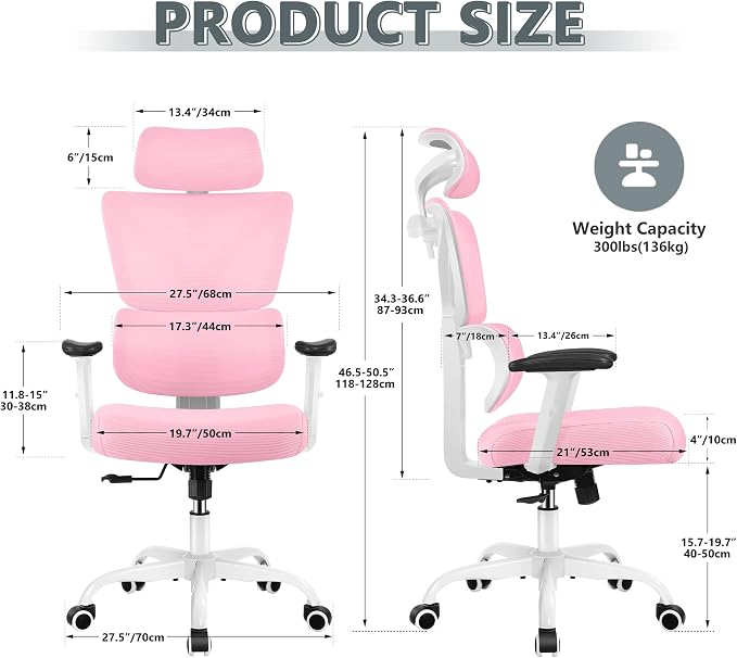 Winrise Office Chair Ergonomic Desk Chair, High Back Gaming Chair, Big and Tall Reclining Chair Comfy Home Office Desk Chair Lumbar Support Breathable Mesh Computer Chair Adjustable Armrests (Pink)