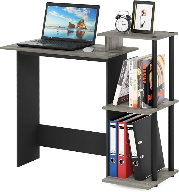 Furinno Efficient 29-Inch Grey Computer Desk with Side Shelves, Gaming Desk with 3 Open Shelves, Home Office Desk, for Home Office, Study Room, Dorm, Bedroom, Grey Oak/Black