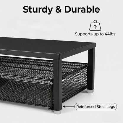 Spacrea Desk Organizer and Accessories, Computer Monitor Stand Riser with Drawer and 1 Open Pen Holder, Printer & Laptop Stand, Office Desk Accessories for Home Office Supplies (Black)
