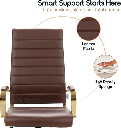 LeisureMod Modern High-Back Leather Office Chair - Swivel & Adjustable Executive Desk Chair with Gold Frame, Ergonomic Design for Home & Office (Brown, Set of 2)