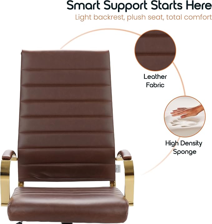 LeisureMod Modern High-Back Leather Office Chair - Swivel & Adjustable Executive Desk Chair with Gold Frame, Ergonomic Design for Home & Office (Brown, Set of 8)