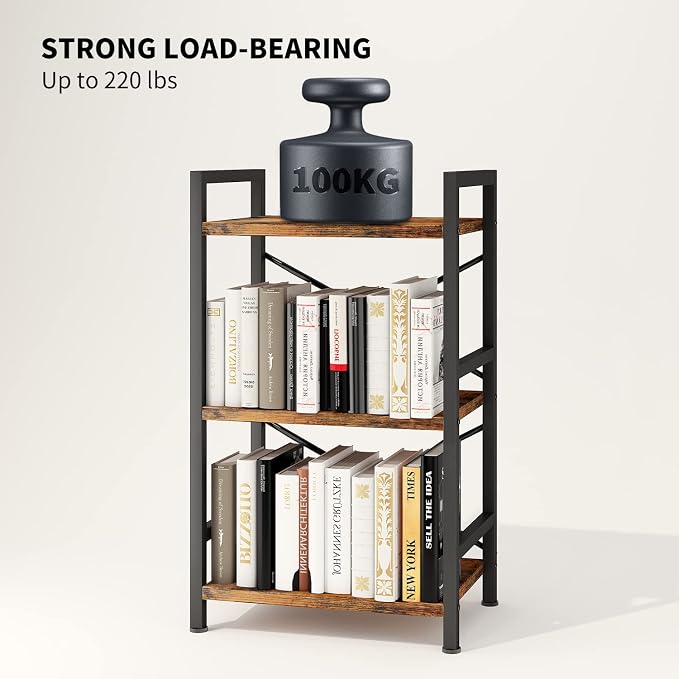 Homeiju Bookshelf, 3 Tier Industrial Bookcase, Metal Small Bookcase, Rustic Etagere Book Shelf Storage Organizer for Living Room, Bedroom, and Home Office(Rustic Brown) Patent Pending D29873033