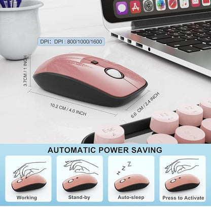 FOPETT Wireless Keyboard and Mouse Combo - 2.4G Full-Sized Cute Colorful Mouse and Keyboard with 104 Round Keys Retro Typewriter Keyboard for Laptop/Windows/PC - Pink Gradient