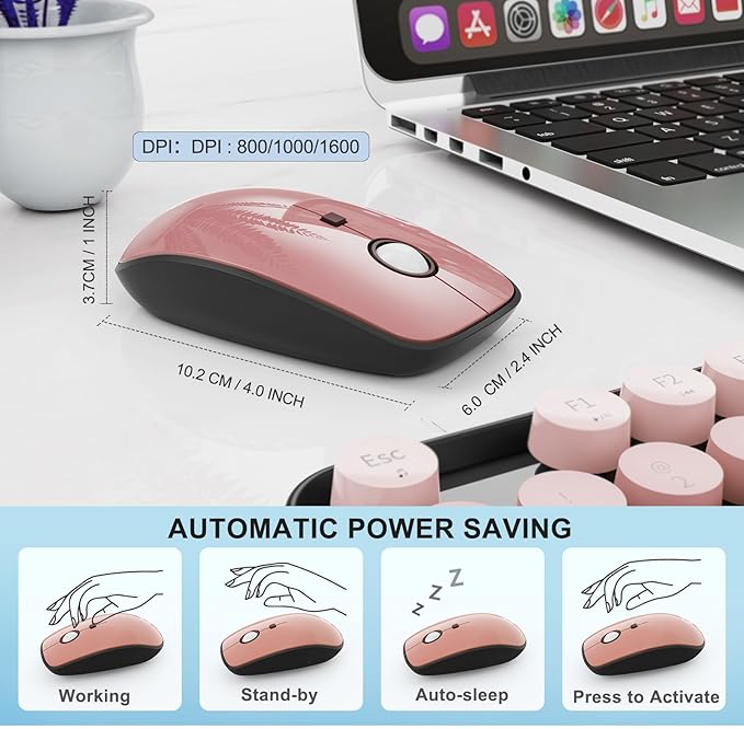 Wireless Keyboard and Mouse Combo for Long Nails, Black Pink Aesthetic Bubble Keyboard with Round Keys, Cute Typewriter Style Full Size Keyboard with Number Pad for PC Laptop Desktop