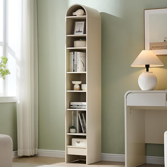 IFGET 67" Tall Arched Bookshelf, 8 Tiers Arch Bookcase with Storage, Modern Farmhouse Book Shelf with Adjustable Shelves, Wood Bookshelf w/Open Display Shelves for Living Room, Office (Cream)