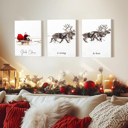 Framed Christmas Wall Art Set of 3,Santa Claus with Sleigh Canvas Art Prints,Christmas Wall Decor Living Room,Vintage Christmas Decor Santa Claus is Coming to Town Winter Wall Art Xmas Sign for Home Bedroom Bathroom Decoration,12"x16"