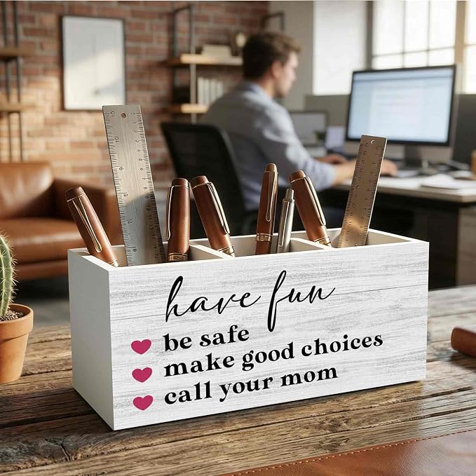 Funny Call Your Mom Pencil Pen Holder for Desk Organizer, Gifts for College Freshman Students Girls Boys, Funny Wooden Box Decorations for College Dorm Desk Tabletop Decor