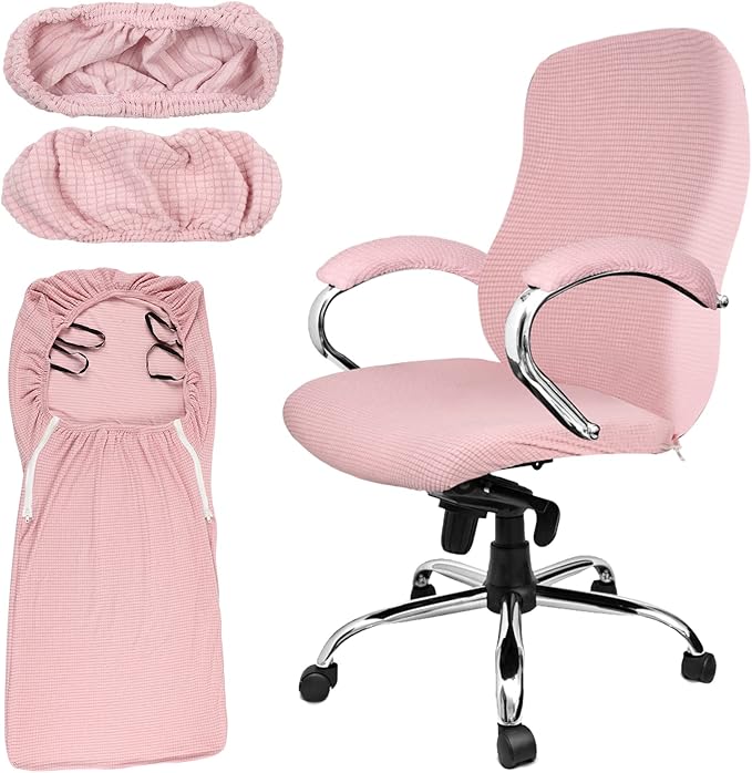 Tatuo 3 Pcs Computer Office Chair Cover Universal Rotating Chair Slipcovers Protector Removable Washable Office Armrest Covers with Zipper for High Back Seat Backrest(L,Waffle,Pink)
