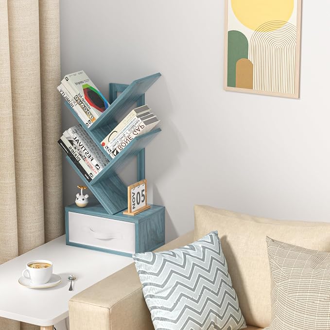 SHEEPAM Small Book Shelf with Drawer,4 Tier Black Tree Bookshelf,Blue Desktop Bookcase,Modern Desk Display Storage Bookshelves,Floor Standing Organizer Bookcases for Living Room,Bedroom,Office