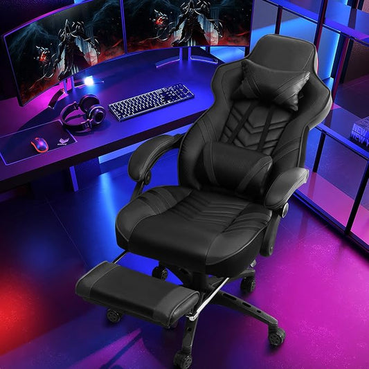 Goplus Gaming Chair, Computer Chair with Footrest and Lumbar Support, Height Adjustable Executive Swivel Rolling Task Chair with 90°-155° Tilt Function (Black)