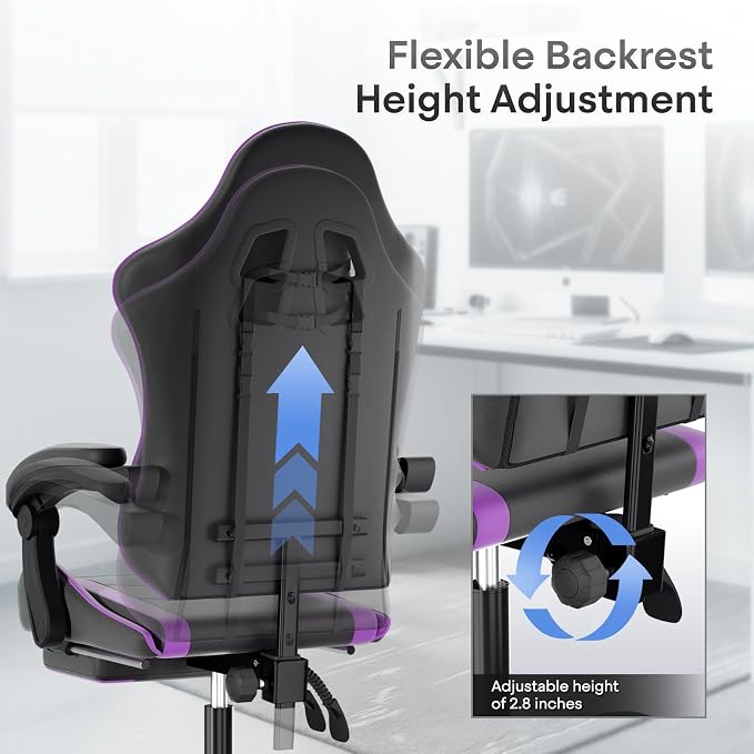 Athena Collection Gaming Chair, Ergonomic Gaming Chair with Footrest & Headrest Lumbar Support, Height Adjustable Swivel Computer Chair Office Chair for Adults(Purple)