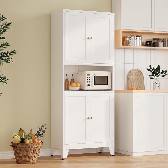 Metal Storage Cabinet, 69" Tall Bathroom Cabinets with 4 Doors & 3 Adjustable Shelves Large Cupboard, White Metal Pantry Cabinets for Kitchen, Home Office, Garage, Warehouse