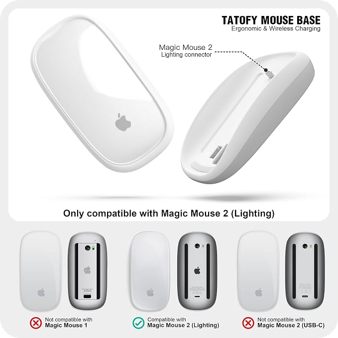 TATOFY Mouse Charger Compatible with Magic Mouse 2 (Lighting) Grip with Wireless Charging Support, Ergonomic Base (White)