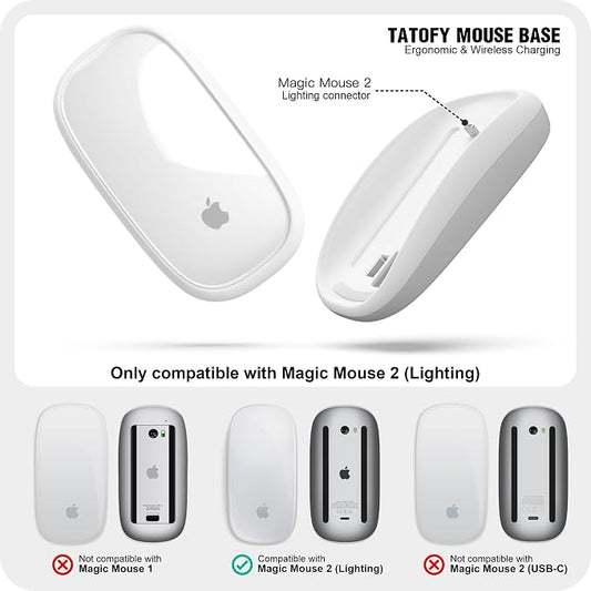 TATOFY Mouse Charger Compatible with Magic Mouse 2 (Lighting) Grip with Wireless Charging Support, Ergonomic Base (White)