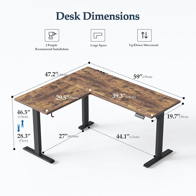 Klicelor L Shaped Standing Desk 59 x 48 Inch, Electric Height Adjustable Corner Desk for Home Office Workstation, Ergonomic Sit Stand Computer Table with Memory Controller, Rustic Brown