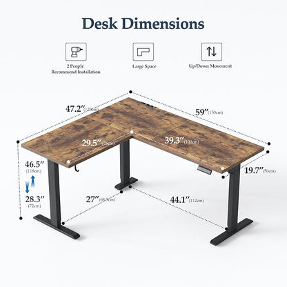 Klicelor L Shaped Standing Desk 59 x 48 Inch, Electric Height Adjustable Corner Desk for Home Office Workstation, Ergonomic Sit Stand Computer Table with Memory Controller, Rustic Brown
