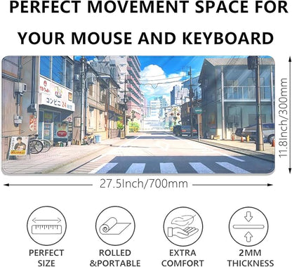 Anime Tokyo Street Japanese Mouse Pad,Large Extended Gaming Mouse Mat with Stitched Edges,Non-Slip Waterproof Rubber Base Desk Mat for Office Work Home Games Desk Pad(27.5X11.8 in)