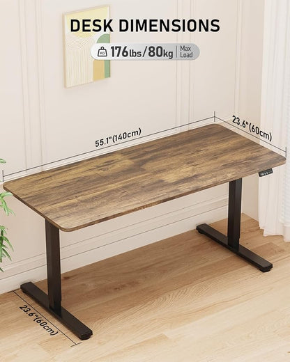 55" Electric Standing Desk Adjustable Height, Sit Stand up Desk for Home Office & Computer Workstation, 2 Memory Height Settings, Splice Board, 2 Hooks, Black Frame/Rustic Brown Top