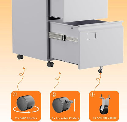 SUXXAN 2 Drawer Mobile File Cabinet with Lock, Heavy Duty Steel Under Desk Filing Cabinet for Home Office, Anti-Tip Design with 5 Casters, Assembly Required