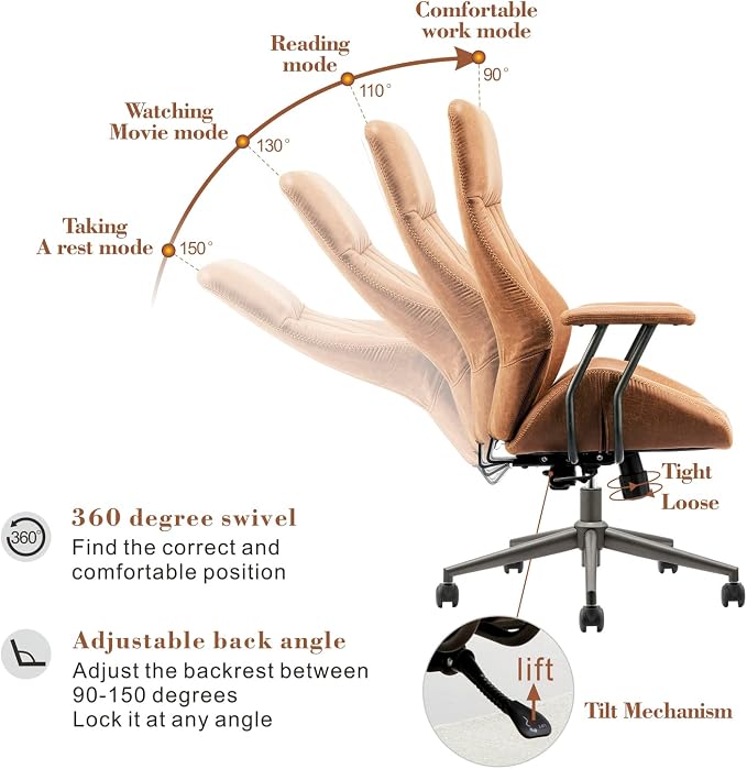ovios Executive Ergonomic Office Chair, High Back Comfy Faux Suede Leather Computer Chairs, Mid-Century Modern Swivel Rolling Task Armchair, Brown