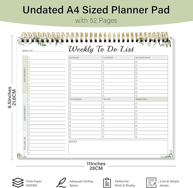 Weekly To Do List Notepad with 52 Undated Sheets（8.5"×11"）- Undated Weekly Desk Planner for Women & Man, School/Office Supplies