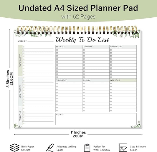 Weekly To Do List Notepad with 52 Undated Sheets（8.5"×11"）- Undated Weekly Desk Planner for Women & Man, School/Office Supplies