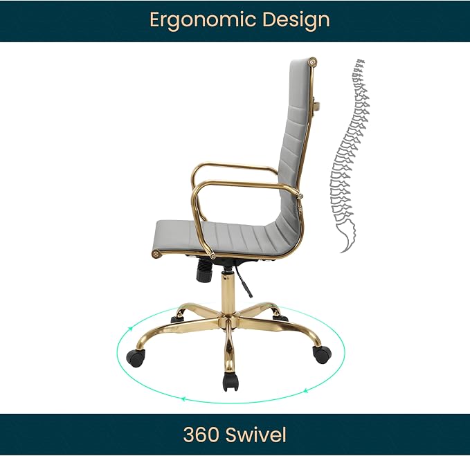 LeisureMod Harris High-Back Task Office Chair - Modern Leather Upholstery with Gold Frame, Ribbed Design 360 Degree Adjustable Swivel for Home, Office, and Study Room