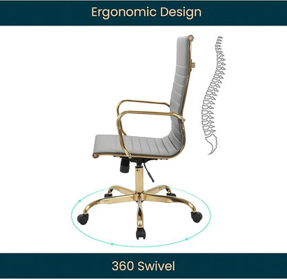 LeisureMod Harris High-Back Task Office Chair - Modern Leather Upholstery with Gold Frame, Ribbed Design 360 Degree Adjustable Swivel for Home, Office, and Study Room
