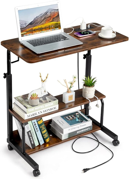 Karl home 31.5" Portable Rolling Desk on Wheels,Height Adjustable Standing Desk with 2 AC Outlets/3 USB Ports,Mobile Laptop Table with Hooks and Storage Shelves for Home Office，Rustic Brown