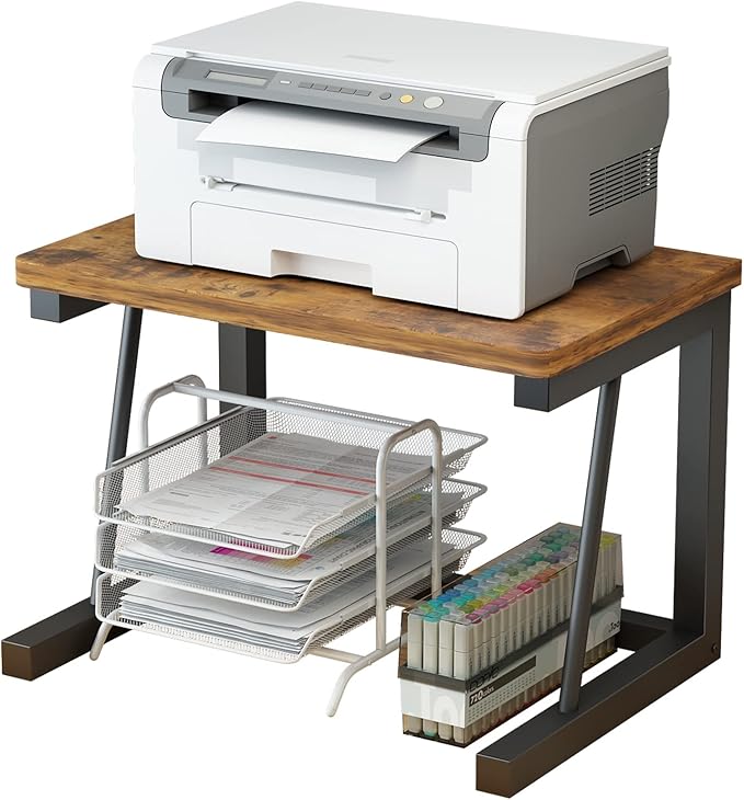 Desktop Printer Stand, 2-Tier Wood Rustic Printer Shelf for 3D & Laser Printer, Scanner, Copier, Durable Small Space Storage Organizer for Home Office Kitchen (2-Tier, Brown)