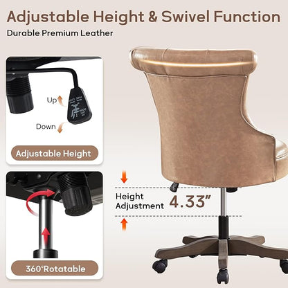 HUIMO Home Office Chair Upholstered Faux Leather PU Armless Desk Chair with Wheels Adjustable Height Computer Desk Chair with Wooden Legs Comfortable Swivel Chair for Study Studio (Light Brown)