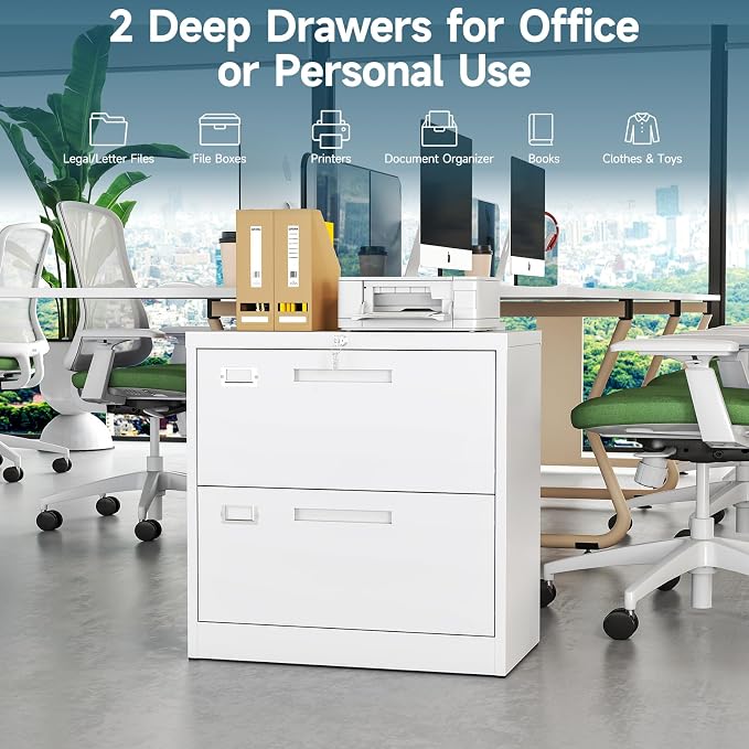 MIIIKO Lateral 2 Drawer File Cabinet,White Metal Filing Cabinets with Lock, Metal Storage File Cabinets for Home Office,Hanging Files Folders Letter/Legal/A4 Size