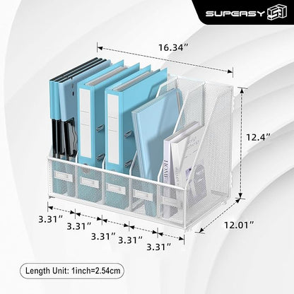 SUPEASY Desk Organizers Metal Desk Magazine File Holder with 5 Vertical Compartments Rack File Organizer for Office Desktop, Classroom, Home Workspace, White Plus