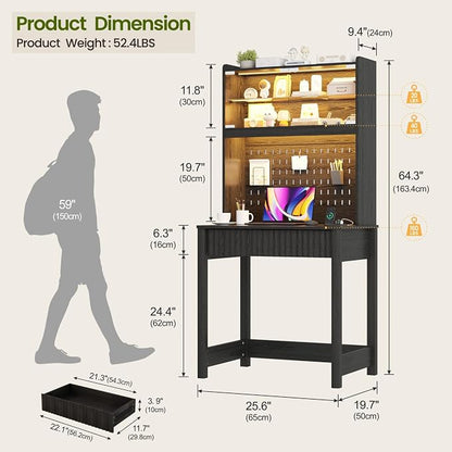 Lvifur Writing Desk with Power Outlet - Small Study Desk with LED Lights, Home Office Desk with Drawer & Hutch & Pegboard, Space Saving Study Table Work Station for Dorm, Living Room (Black)