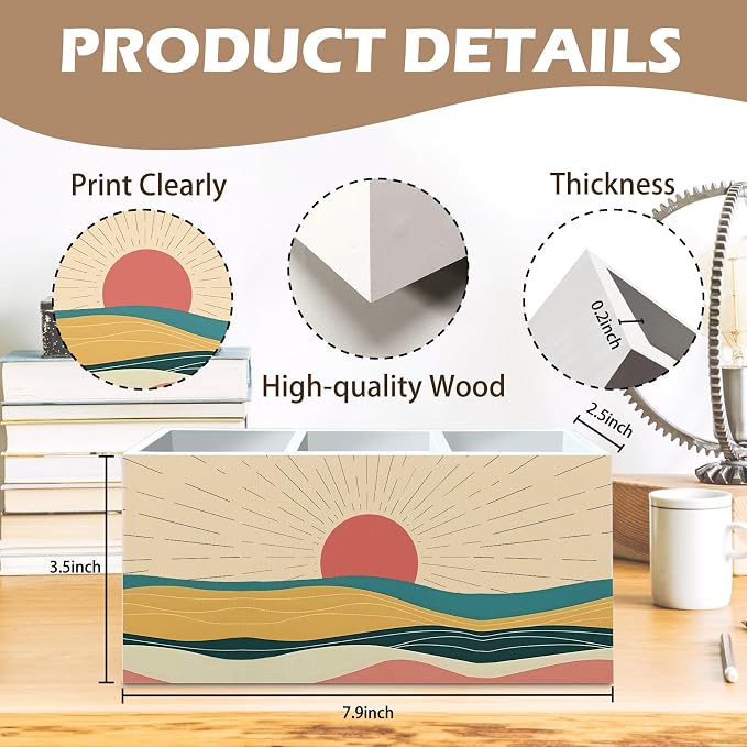 DILSJ Boho Abstract Sunshine Pen Pencil Holder Organizer for Desk, Boho Office Decor, Mid Century Modern Minimalist Sunshine Landscape Wooden Box Signs for Home Office Desk Tabletop Decoration