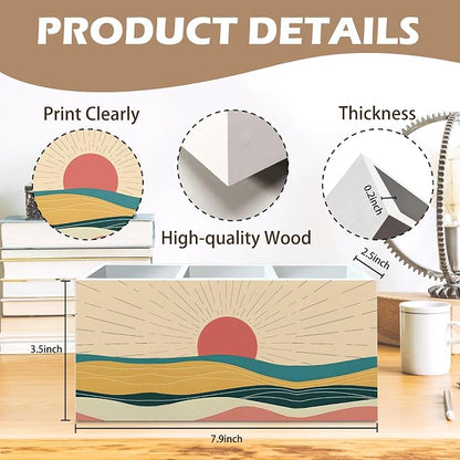 DILSJ Boho Abstract Sunshine Pen Pencil Holder Organizer for Desk, Boho Office Decor, Mid Century Modern Minimalist Sunshine Landscape Wooden Box Signs for Home Office Desk Tabletop Decoration