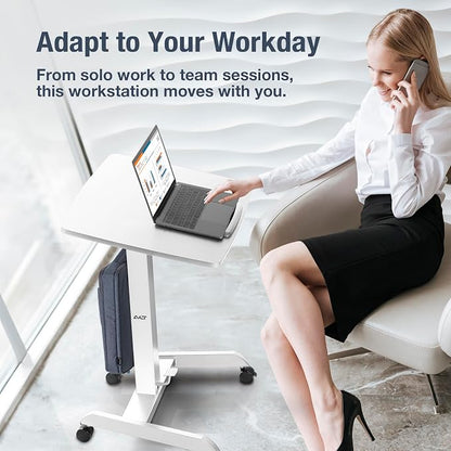 AVLT 47" Height Adjustable Mobile Workstation with Tilting Desk - White | 3 ft 11 inches - Foot Pedal Pneumatic Standing Desk Cart - Mobile Laptop Cart - Mobile Cart with Brake Casters