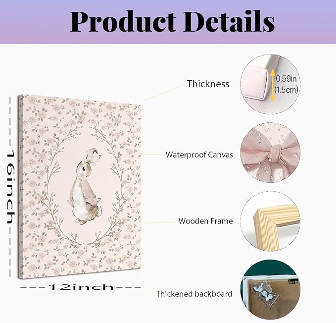 Baby Girl Nursery Wall Art Set of 3, Vintage Cottage Core Nursery Decor, Pink Bow Rabbit Goose Poster Print, Cute Floral Animal Canvas Pictures for Girls Room Kids Bedroom Framed 12x16 Inch