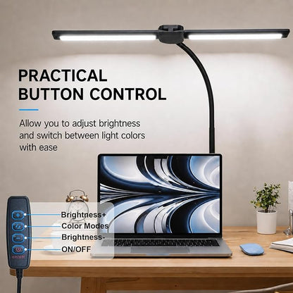 LED Desk Lamp for Home Office, Eye-Care Architect Light with Clamp, Double Head Computer Monitor Table Light with 3 Color Modes 10 Brightness, Adjustable for Reading, Study, Drafting, Workbench, Black