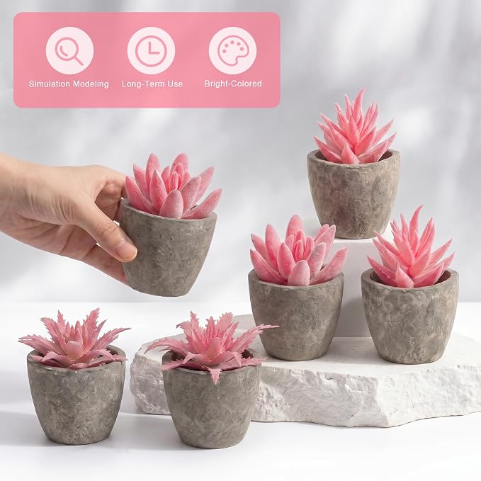 6 Pack Pink Succulents Plants Artificial in Pots, Fake Mini Planted Succulents Pink Room Office Desk Decor for Women